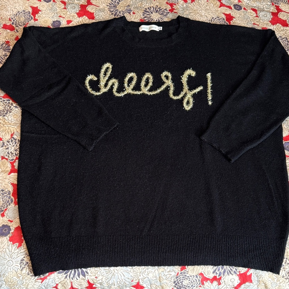 Stylish Black Sweater with Gold 'Cheers!' Embroidery